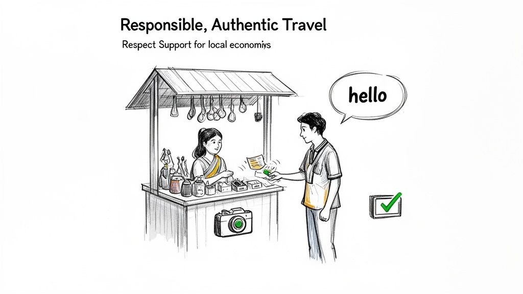 Illustration of a traveler buying from a local market vendor, promoting responsible and authentic travel.