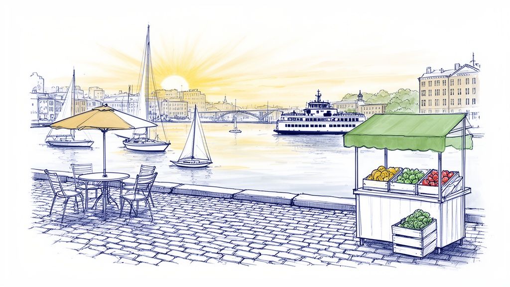 An illustration of a vibrant waterfront city scene with boats, a cafe, and a fruit stand.