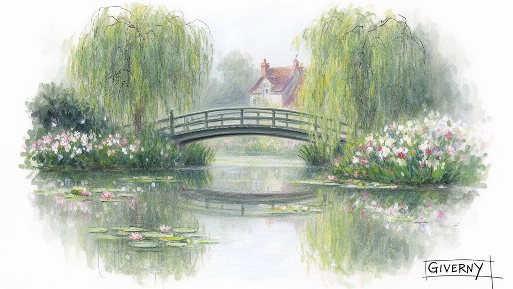 A beautiful watercolor painting of Monet's garden in Giverny, featuring a green bridge, weeping willows, water lilies, and a house.