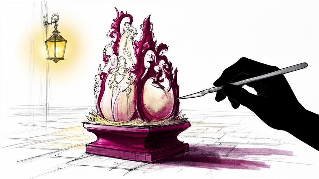 A silhouetted hand uses a scalpel to carve an ornate magenta sculpture with hidden figures, illuminated by a glowing street lamp.