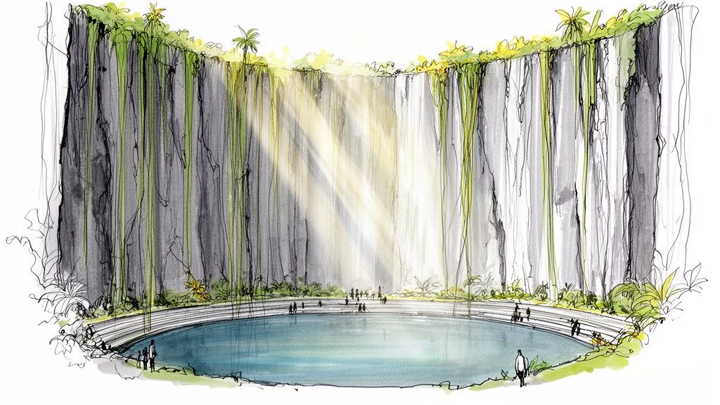 Watercolor sketch of a natural cenote with tall rock walls, lush vines, a blue pool, and sunbeams.