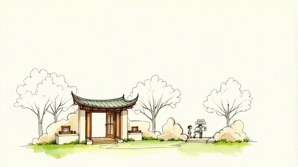 Watercolor illustration of a traditional East Asian garden gate, surrounded by trees, with two small figures walking.
