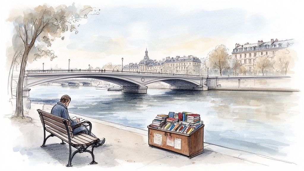 A watercolor painting of a man reading on a bench by the Seine River with a bookseller, bridge, and Parisian architecture.