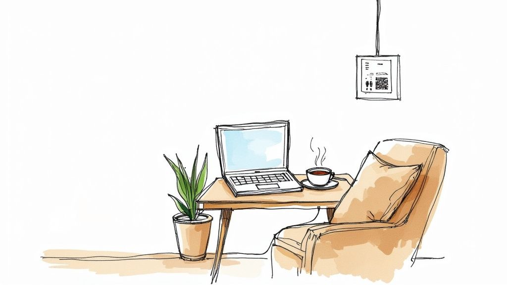Hand-drawn illustration of a minimalistic workspace with a laptop, steaming coffee, and a potted plant.