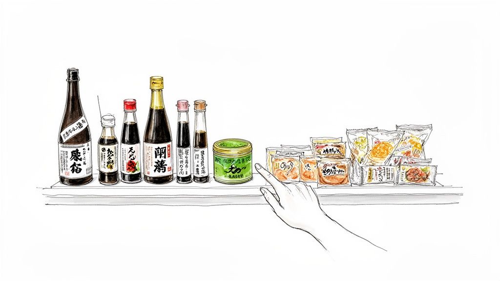 A hand points to various Japanese condiments, sauces, and packaged foods on a white shelf.