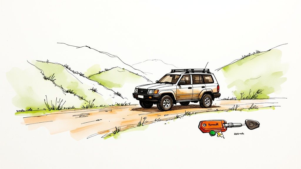 Watercolor illustration of a white off-road SUV on a dirt track amidst green hills, with car keys lying nearby.