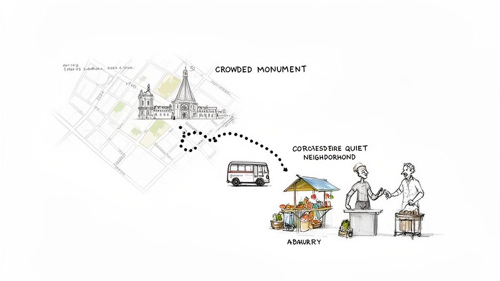 A bus journey depicted on a map, from a crowded monument to a quiet neighborhood with local market stalls and vendors.