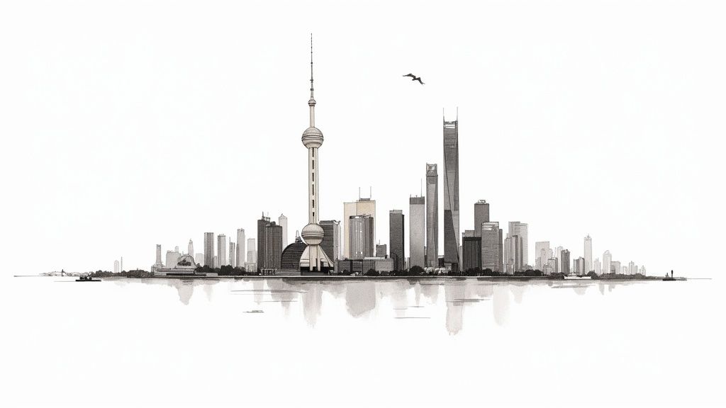 Black and white sketch of Shanghai's iconic skyline featuring the Oriental Pearl Tower and reflections.