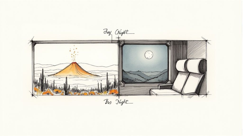 Architectural sketch showing day and night views from a bus window traveling through desert landscape