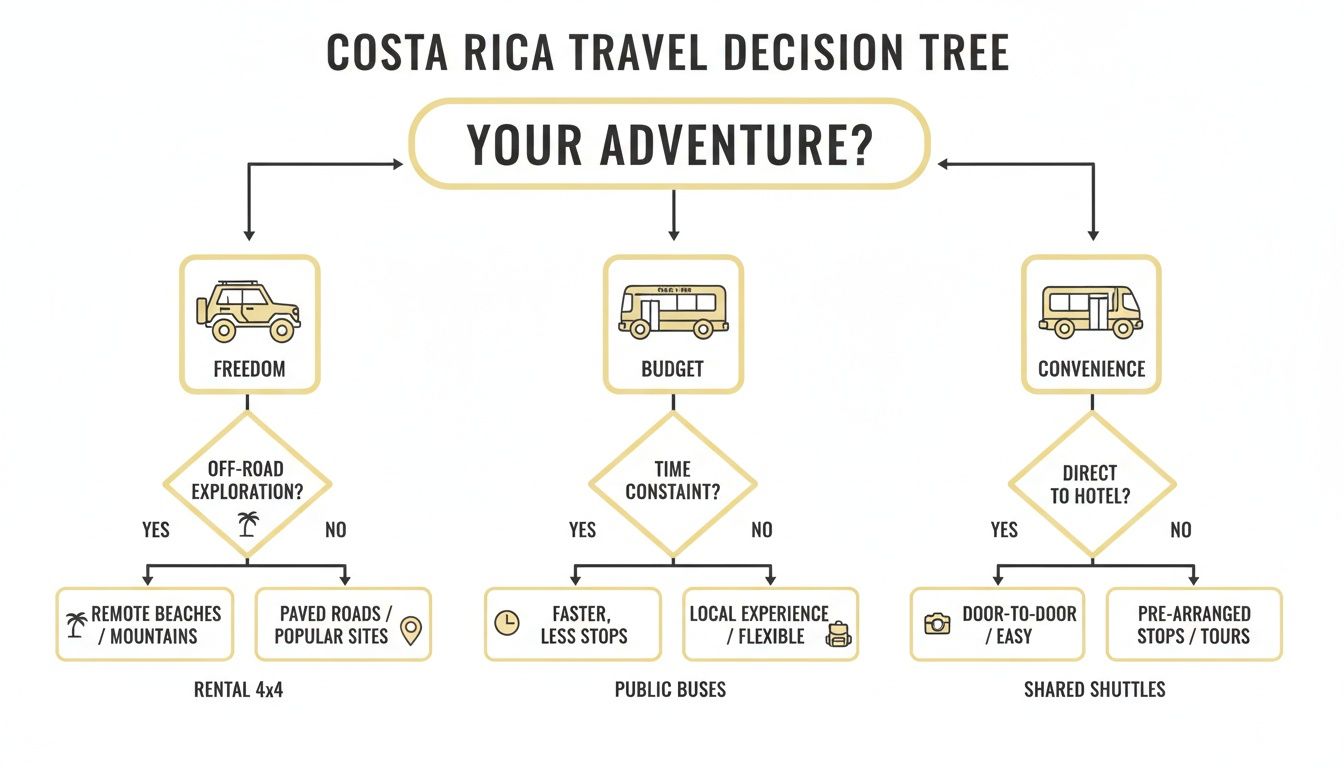 A decision tree for Costa Rica travel, guiding transportation choices based on freedom, budget, or convenience.