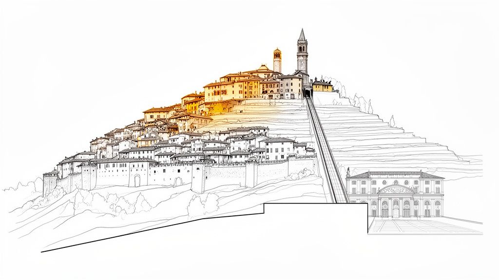 Detailed architectural drawing of a historic hillside town with a funicular, tower, and grand building.
