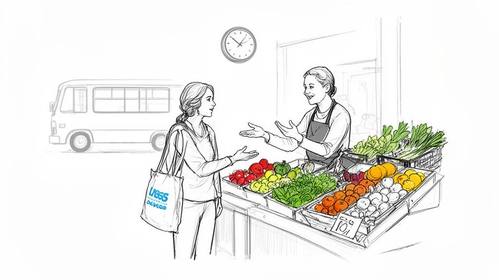 A black and white sketch depicts a customer speaking with a vendor at a vibrant produce market.