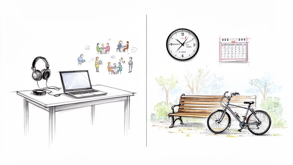 An illustration contrasting remote work and virtual collaboration with outdoor leisure, time, and planning.