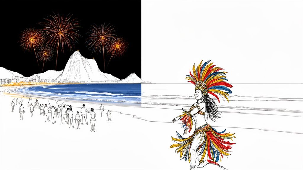 Illustration showing fireworks over a Rio de Janeiro beach crowd and a vibrant carnival dancer.