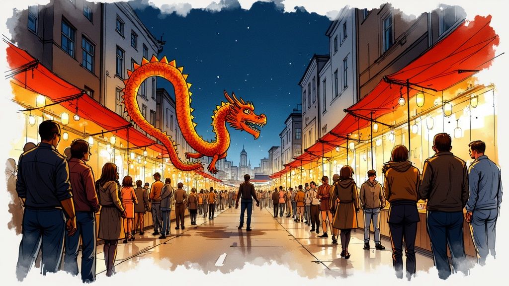 A vibrant night market scene with a large red dragon flying above a street full of people and lanterns.