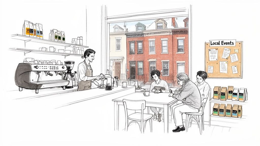 Inside a lively coffee shop, a barista prepares drinks while customers relax by a window overlooking a city street.