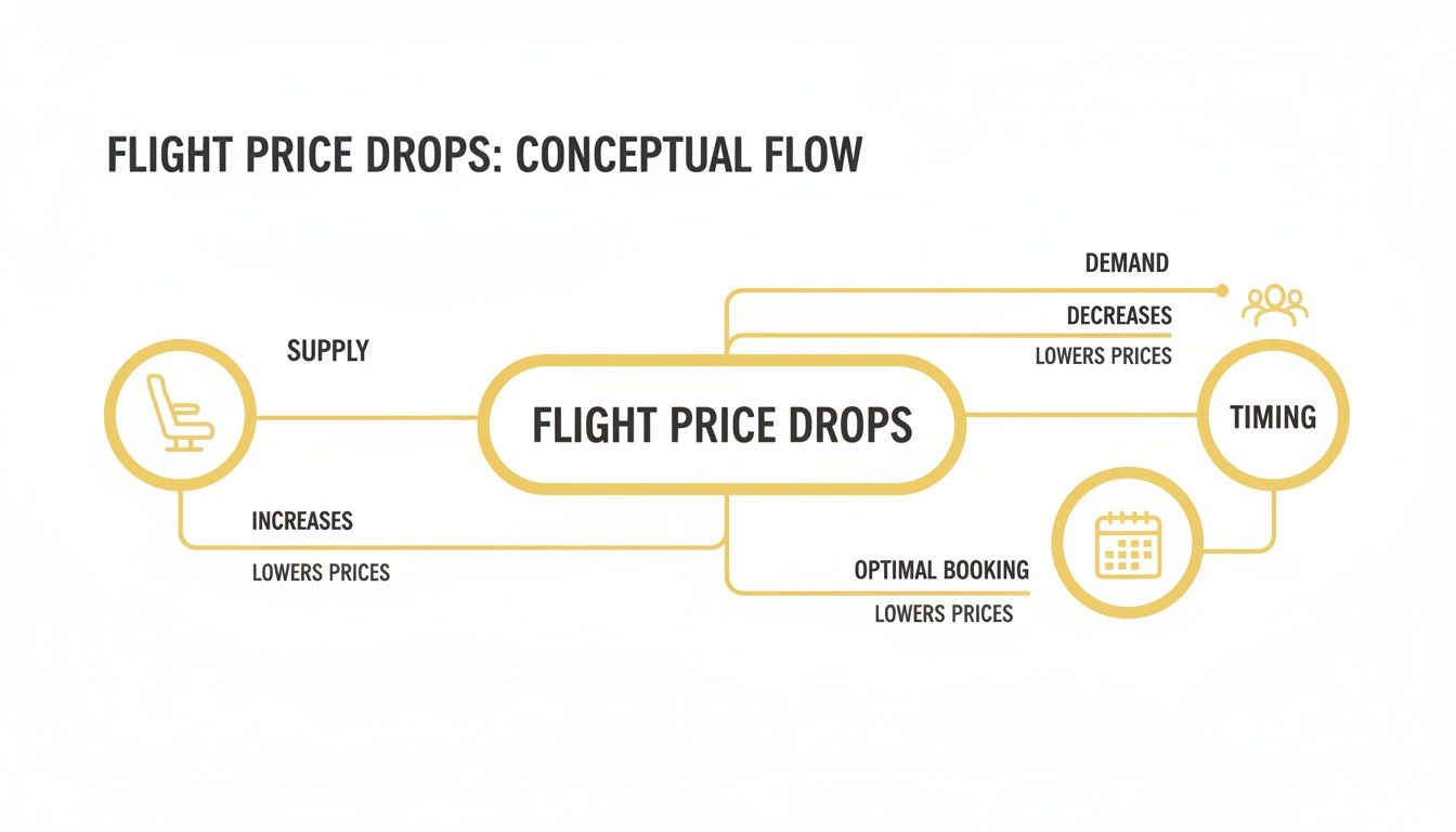 A conceptual flowchart illustrating factors that cause flight price drops, including supply, demand, and timing.