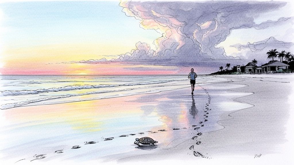 An illustrated sunset beach scene with a person jogging, a sea turtle, and distant houses.