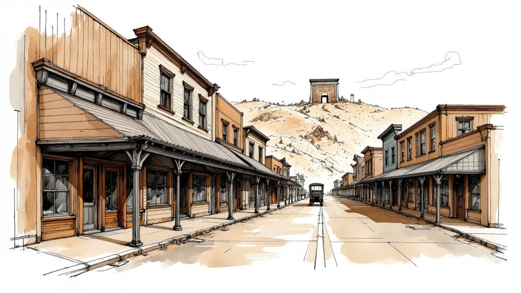A watercolor sketch of a dusty old Western town street with wooden buildings and a distant hill structure.