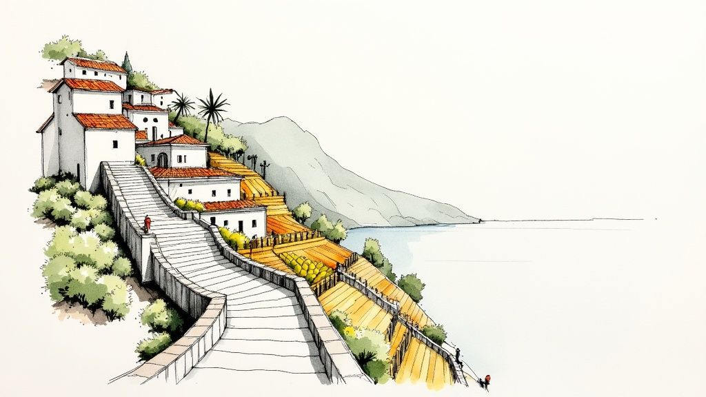 A charming watercolor illustration of a coastal village with white houses, terraced fields, and a long staircase leading to the sea.