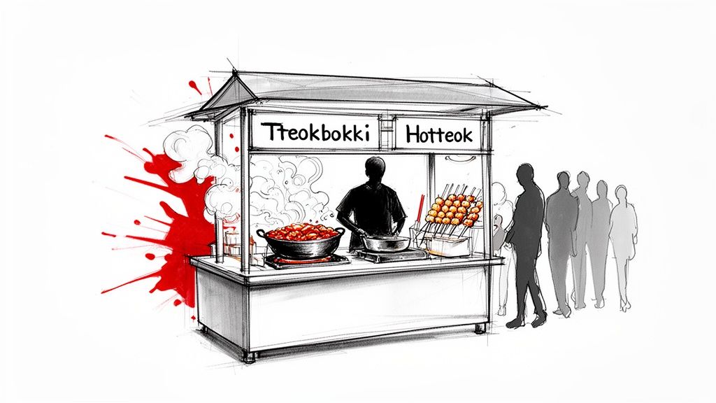 A vibrant sketch of a Korean street food stall selling Tteokbokki and Hotteok, with a vendor and customers waiting in line.