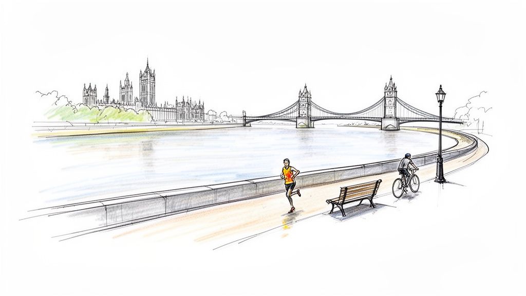 An illustration of London's riverside: jogger and cyclist on a promenade with Houses of Parliament and Tower Bridge.