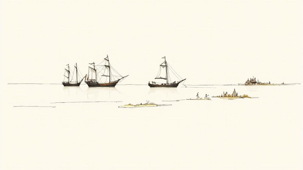A minimalist drawing depicting three sailboats on calm water with small islands and stick figures.