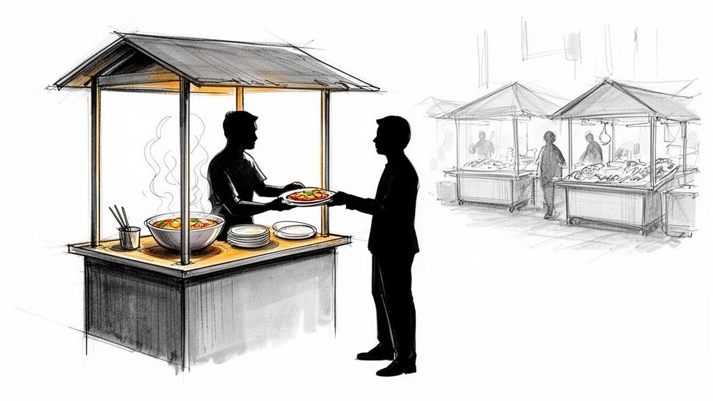 An illustration of a food stall vendor serving a customer at a bustling outdoor market.