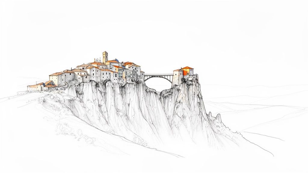 A detailed sketch of a charming cliffside village connected by an arched bridge, with white buildings.