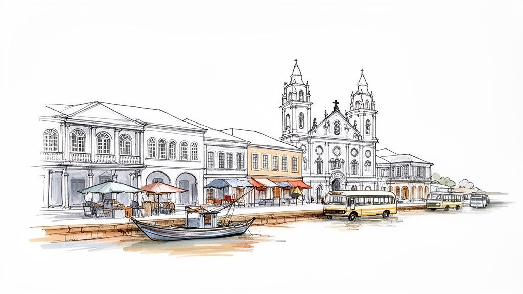 Hand-drawn illustration of a charming city street with a historic church, old buildings, a boat, and buses.