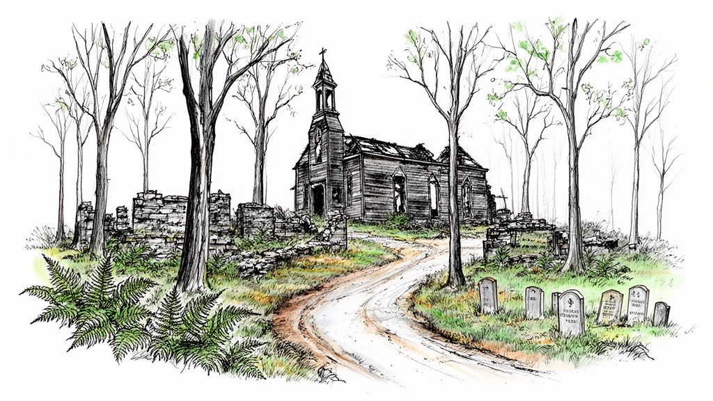 An illustrative drawing of an abandoned wooden church surrounded by bare trees and a graveyard.