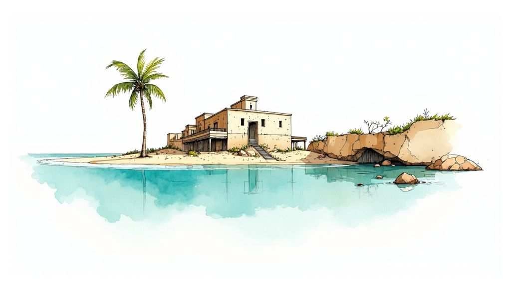 A serene watercolor illustration of a beach with a building, a lone palm tree, and rocky cliffs by turquoise water.