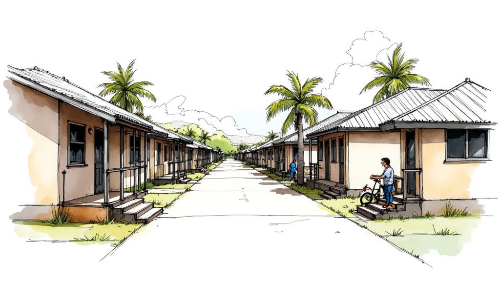 Watercolor illustration of a long street with identical tropical houses, palm trees, and people.