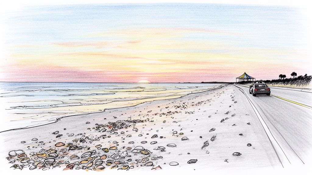 Hand-drawn illustration of a beautiful sunset over a sandy beach and coastal road.