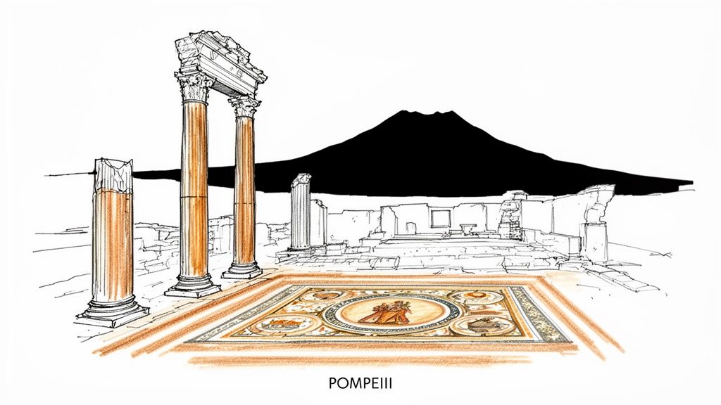 A detailed illustration showing the ruins of Pompeii, an ancient mosaic, and Mount Vesuvius.