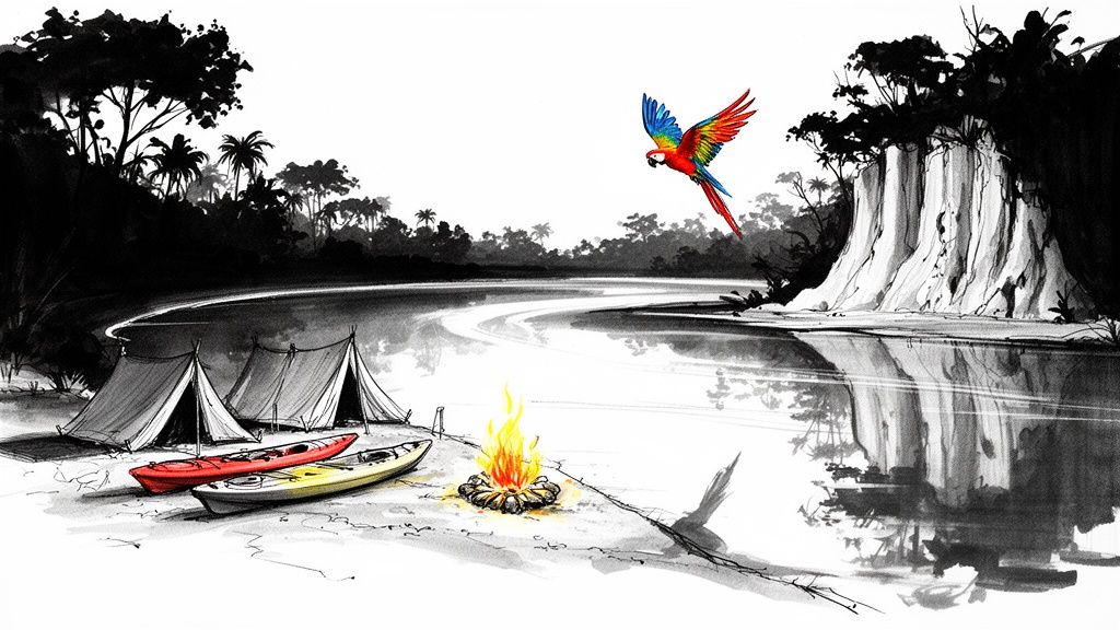 A colorful parrot flies over a jungle river with a camp, kayaks, and a campfire on the bank.