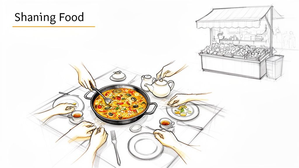 Illustration of people sharing a meal from a large pot and an outdoor market stall, with text 'Shaming Food'.