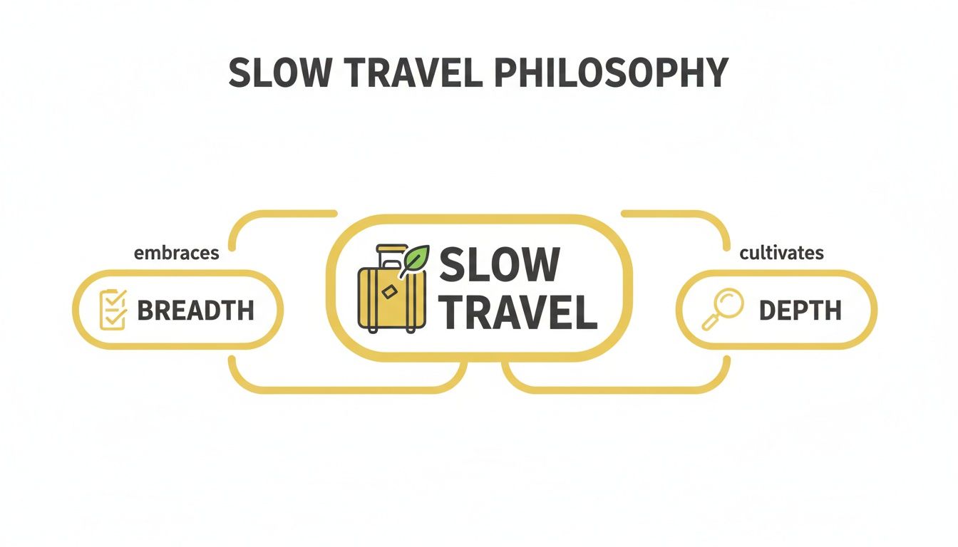 Diagram illustrating the Slow Travel Philosophy, showing it embraces breadth and cultivates depth.