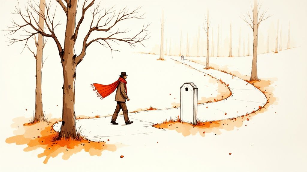 Man holding an umbrella while walking down a rainy Parisian street with autumn leaves on the ground