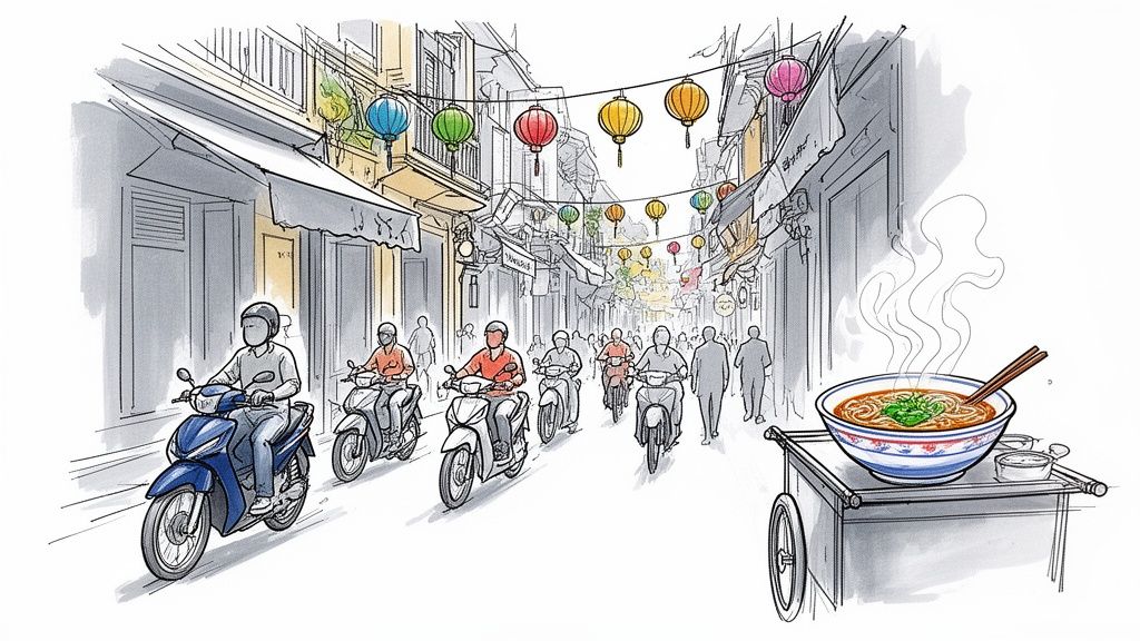A vibrant street scene in Southeast Asia with motorbikes, people, colorful lanterns, and a steaming bowl of noodles.