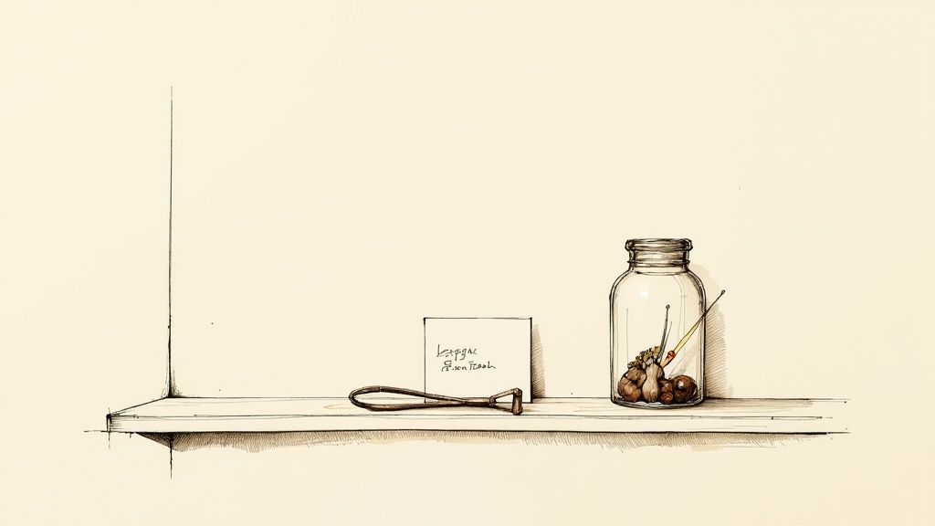 Minimalist ink drawing showing a shelf with a peculiar tool, a handwritten note, and a jar of acorns.