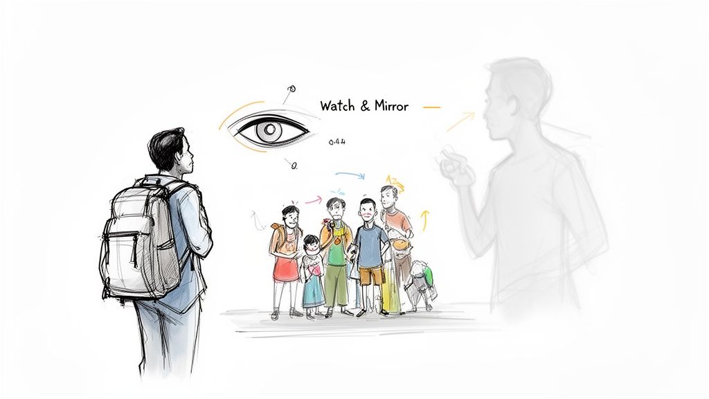 A man with a backpack observes a diverse group of people, with a 'Watch & Mirror' concept.