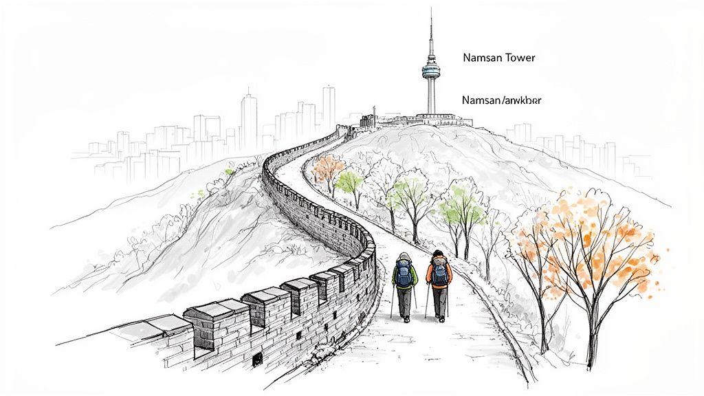 Sketch of people hiking along a stone wall path towards Namsan Tower in Seoul, with city skyline.