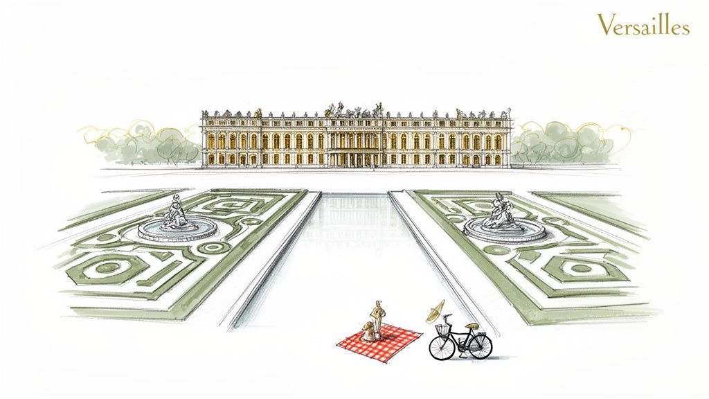An artistic illustration of the Palace of Versailles and its formal gardens with a charming picnic scene.