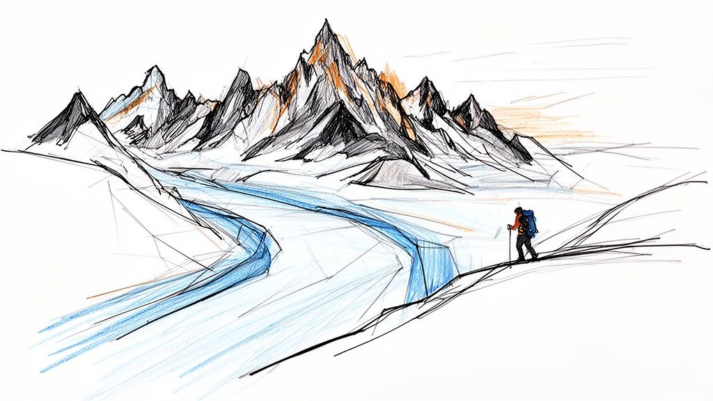A vibrant sketch of a majestic mountain range, a winding blue river, and a hiker on a snowy trail.