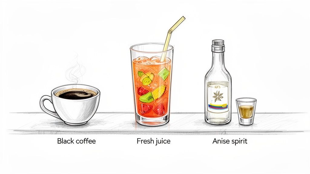 Three beverages, including black coffee, fresh fruit juice, and anise spirit, on a white background.