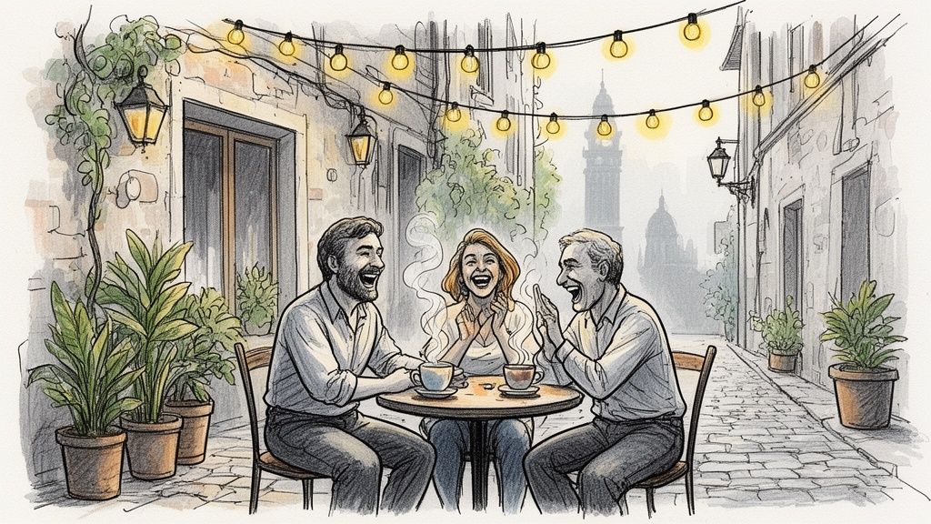 Three friends laugh heartily while enjoying coffee at an outdoor cafe on a European street.