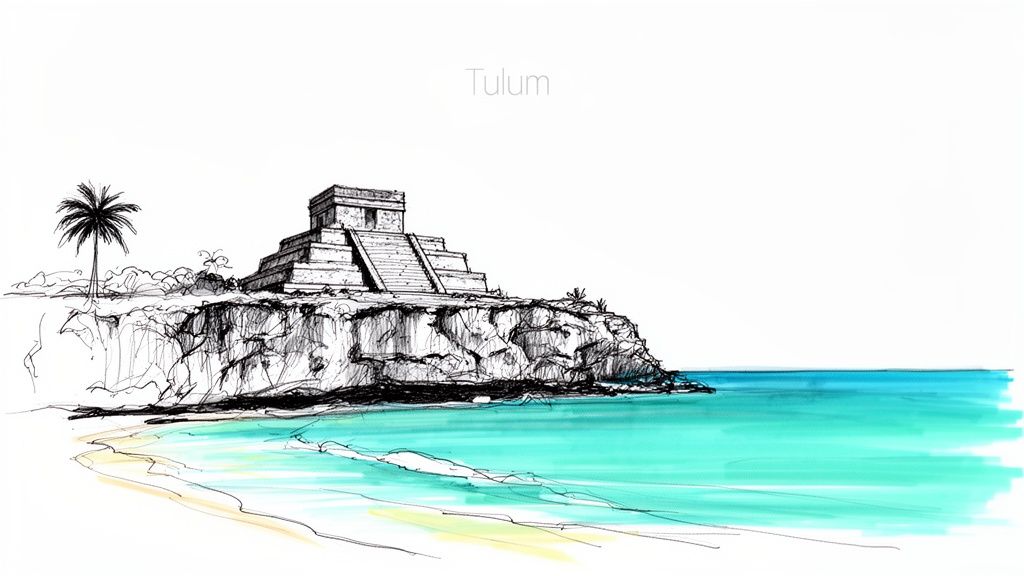 Sketch of ancient Mayan ruins on a cliff overlooking a vibrant turquoise sea and sandy beach.