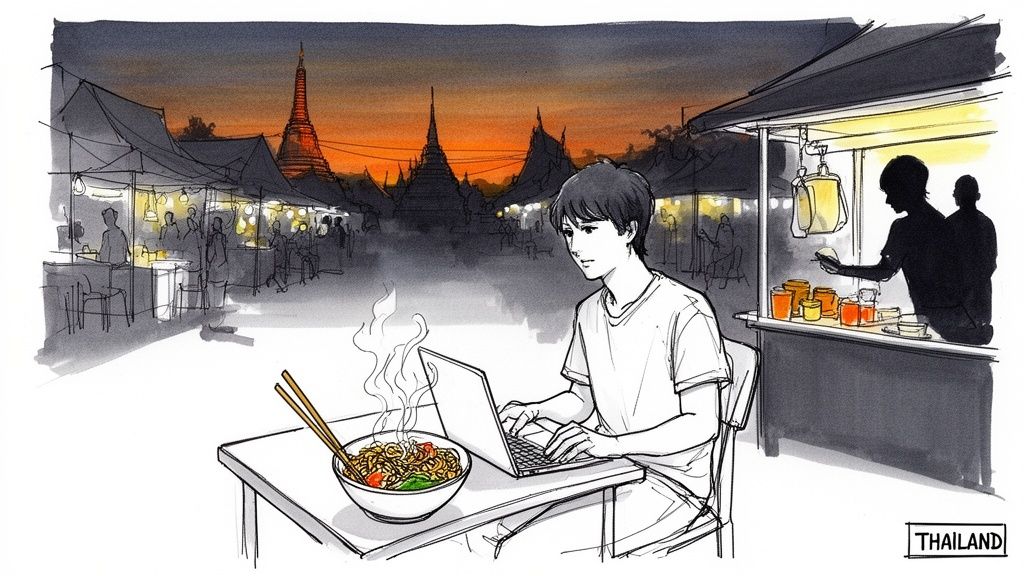 A young man eats noodles and uses a laptop at a lively night market in Thailand.