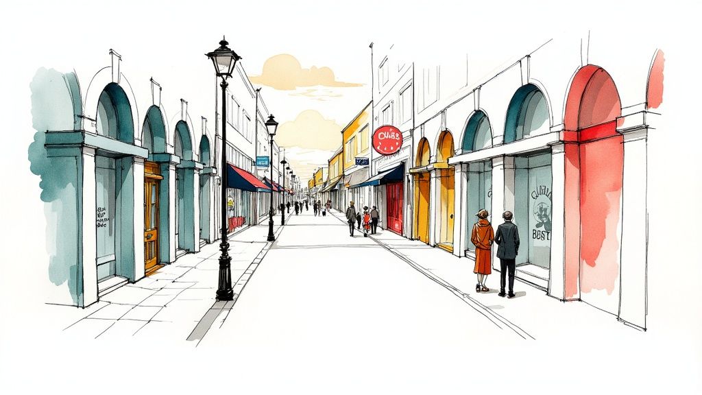 A vibrant watercolor sketch depicting a lively street scene with people walking past shops and lampposts.